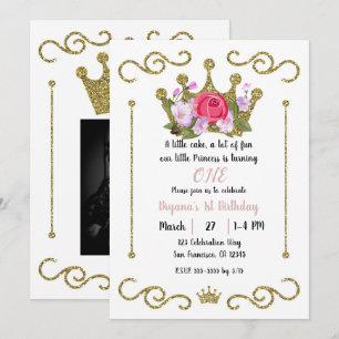 Gold Glitter Crown Floral Photo 1st Birthday Party Invitation