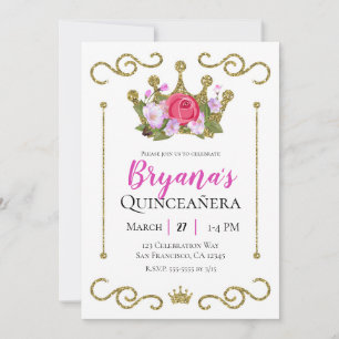 Gold Glitter Crown Floral Photo Quinceñera Party Invitation