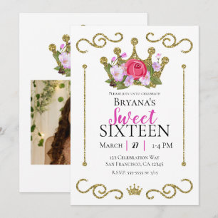 Gold Glitter Crown Floral Photo Sweet 16 Party Invitation