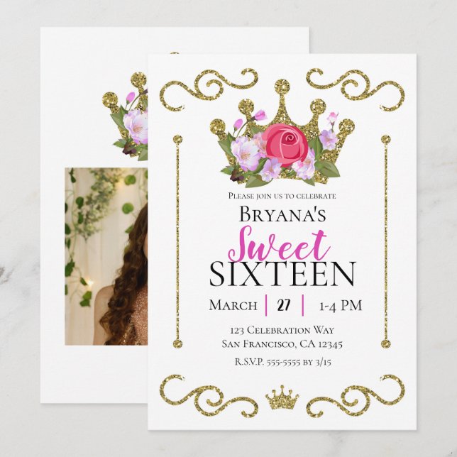 Gold Glitter Crown Floral Photo Sweet 16 Party Invitation (Front/Back)