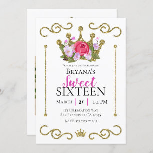 Gold Glitter Crown Floral Photo Sweet 16 Party Invitation