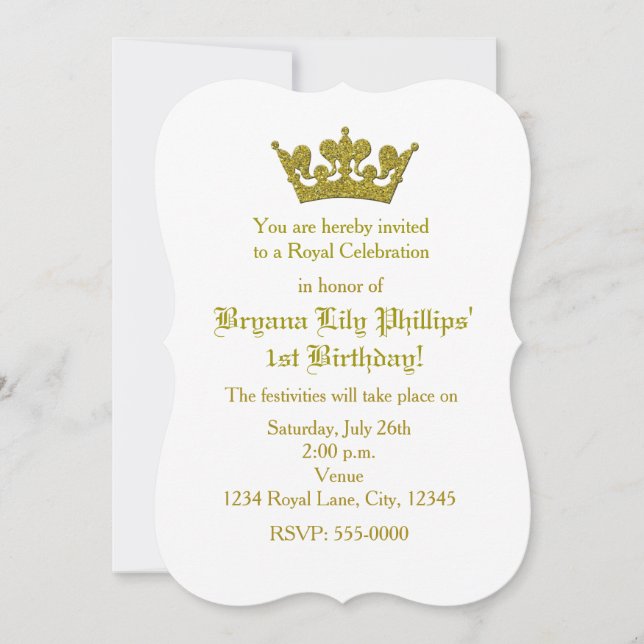 Gold Glitter Crown Princess Birthday Invitation (Front)