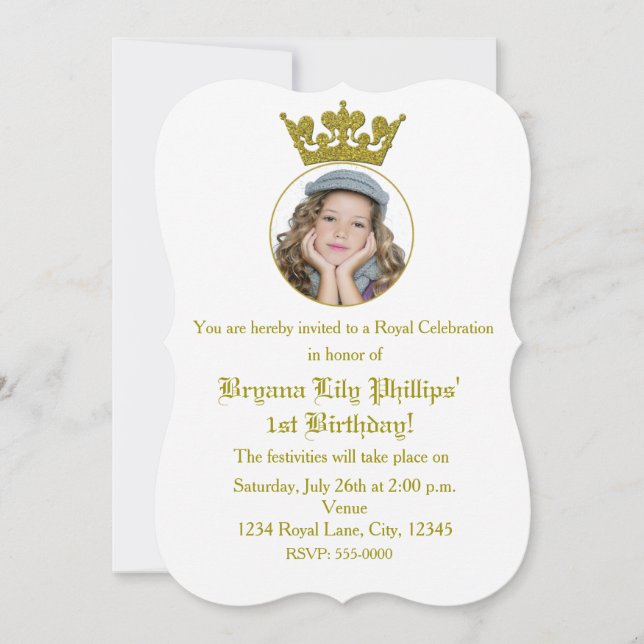 Gold Glitter Crown Royal Birthday Photo Invitation (Front)