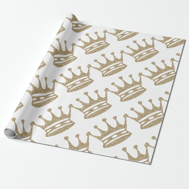 Gold Glitter Crown Wrapping Paper (Unrolled)