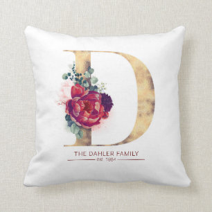 Gold Glitter D Monogram Floral Burgundy Red Cushion