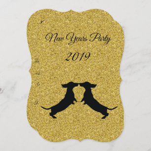 Gold Glitter Dachshund New Year Party Invitation