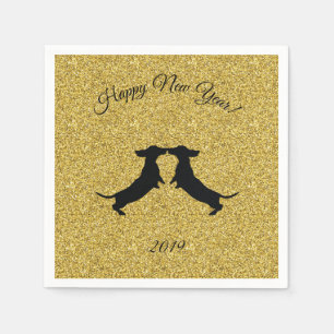 Gold Glitter Dachshund New Year Party Napkins