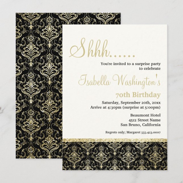 Gold Glitter Damask 70th Surprise Birthday Party Invitation (Front/Back)