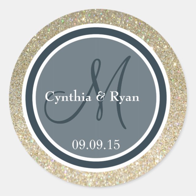 Gold Glitter & Dark Blue Wedding Monogram Classic Round Sticker (Front)
