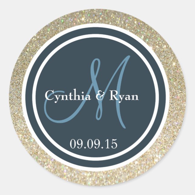 Gold Glitter & Dark Blue Wedding Monogram Seal (Front)