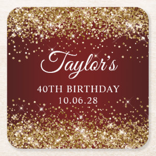 Gold Glitter Dark Red 40th Birthday Square Paper Coaster