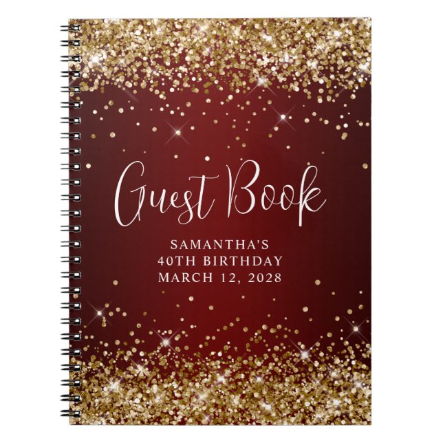 Gold Glitter Dark Red Ombre 40th Birthday Guest Notebook (Front)