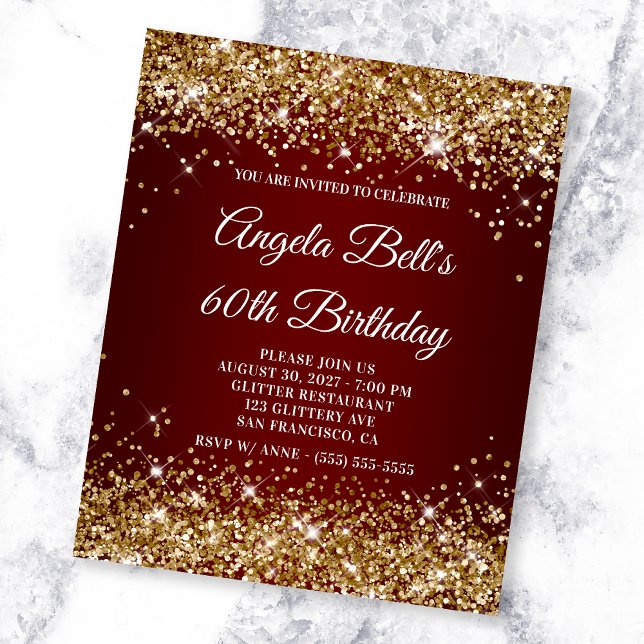 Gold Glitter Dark Red Ombre 60th Birthday Invite Flyer (Creator Uploaded)