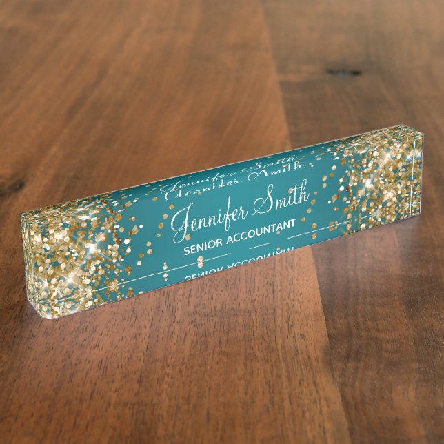 Gold Glitter Dark Turquoise Gradient Nameplate (Side)
