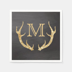 Gold Glitter Deer Antlers Chalkboard Monogram Napkin
