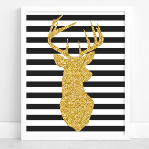 Gold Glitter Deer Black & White Stripes Poster