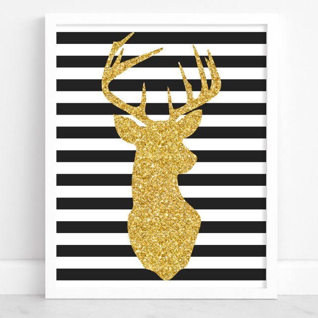 Gold Glitter Deer Black & White Stripes Poster (Creator Uploaded)