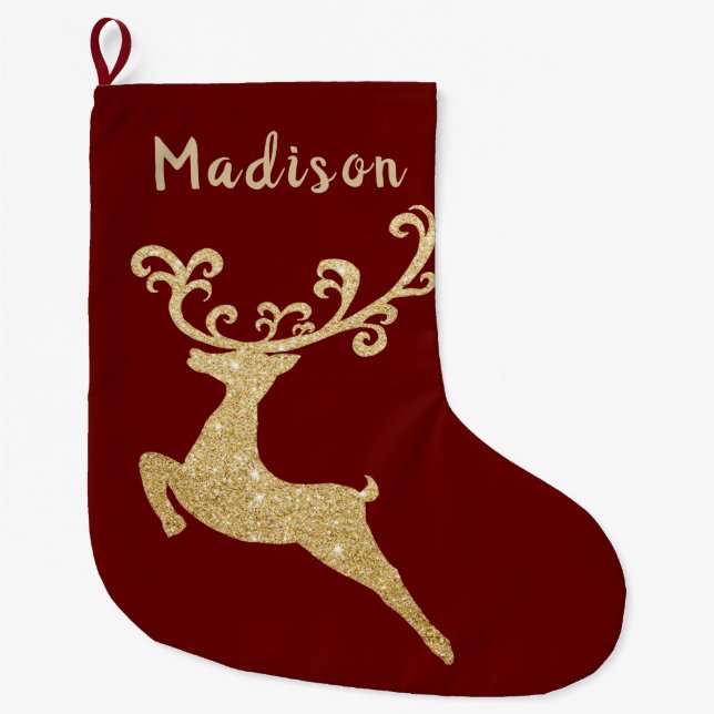 Gold Glitter Deer Silhouette Large Christmas Stocking (Front)