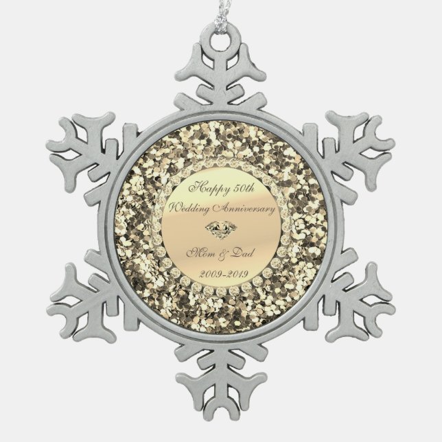 Gold Glitter  Diamond 50th Wedding Anniversary Snowflake Pewter Christmas Ornament (Front)