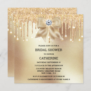 Gold glitter diamond bow shimmer string lights invitation
