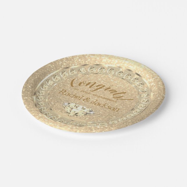 Gold Glitter Diamond Engagement Party Paper Plate (Angled)