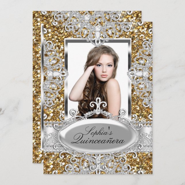 Gold Glitter Diamond Glamour Quinceanera Invite (Front/Back)