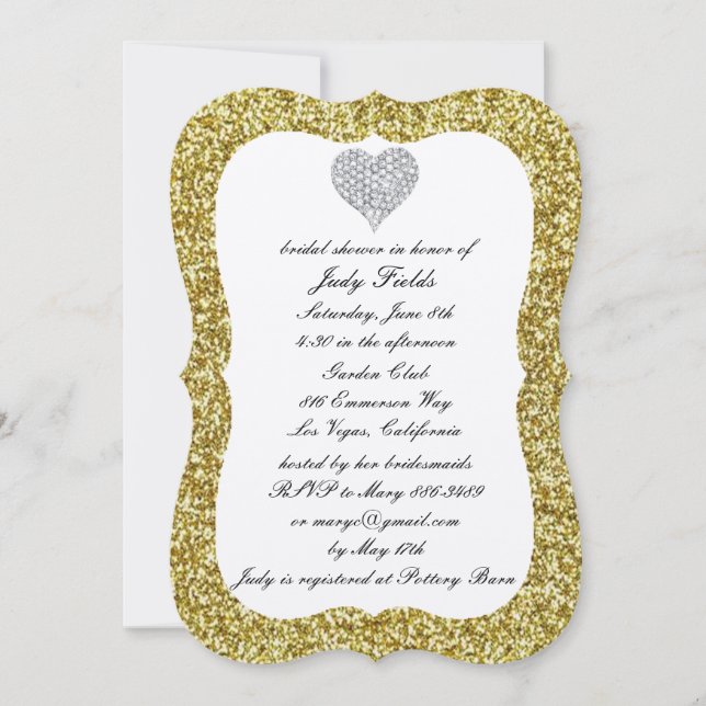 Gold Glitter Diamond Heart Bridal Shower Invite (Front)