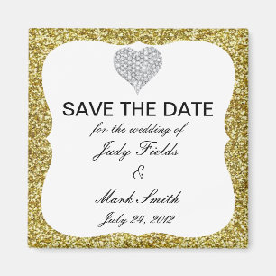 Gold Glitter Diamond Heart Save The Date Magnet