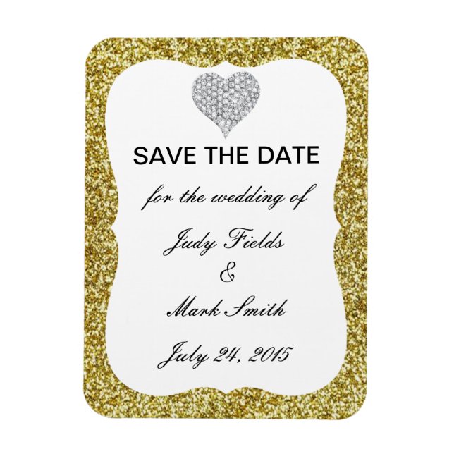 Gold Glitter Diamond Heart Save The Date Magnet (Vertical)