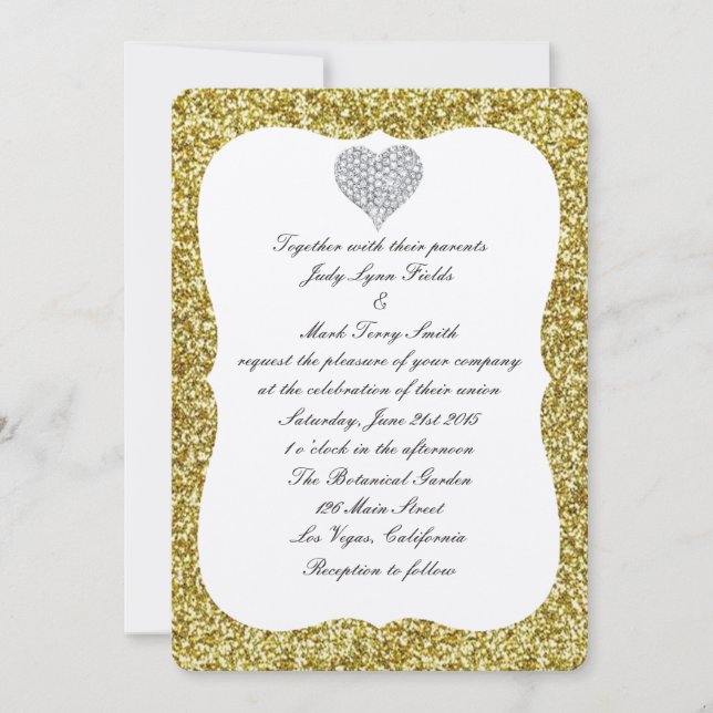 Gold Glitter Diamond Heart Wedding Invitation (Front)