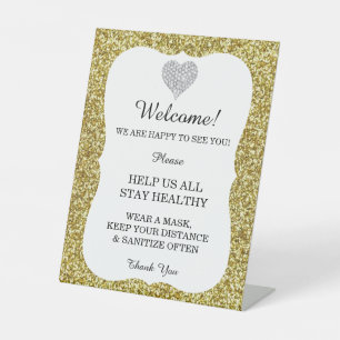 Gold Glitter Diamond Heart Wedding Safety Pedestal Sign