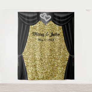 Gold Glitter Diamond Hearts Black Curtain Backdrop Tapestry