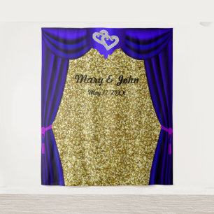 Gold Glitter Diamond Hearts Blue Curtain Backdrop Tapestry