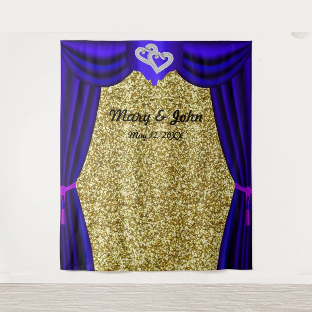 Gold Glitter Diamond Hearts Blue Curtain Backdrop Tapestry (Front)