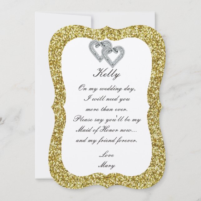 Gold Glitter Diamond Hearts Maid Of Honour Card (Front)
