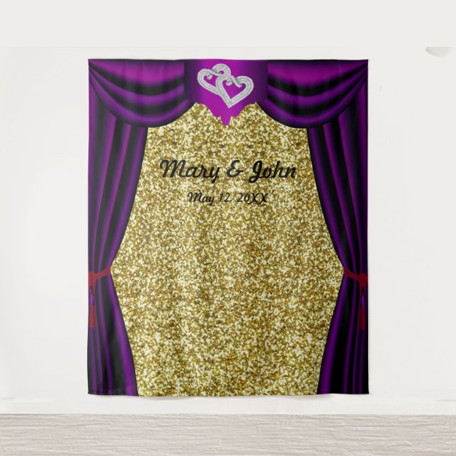 Gold Glitter Diamond Hearts Purple Curtain Tapestry (Front)