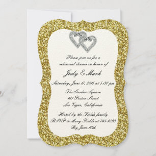 Gold Glitter Diamond Hearts Rehearsal Dinner Invitation