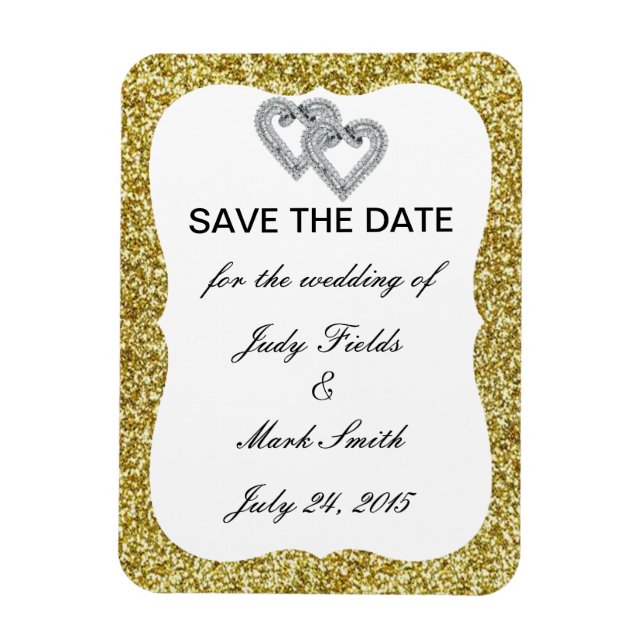 Gold Glitter Diamond Hearts Save The Date Magnet (Vertical)