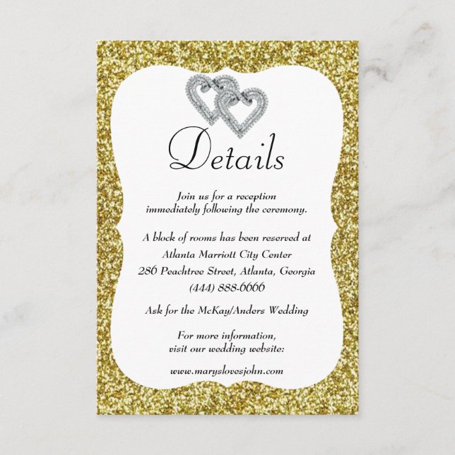 Gold Glitter Diamond Hearts Wedding Details Enclosure Card (Front)