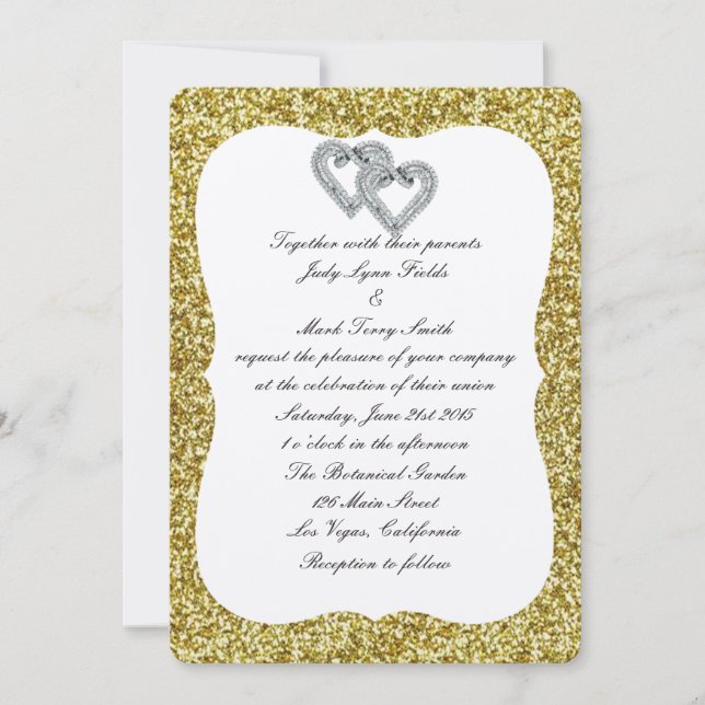 Gold Glitter Diamond Hearts Wedding Invitation (Front)
