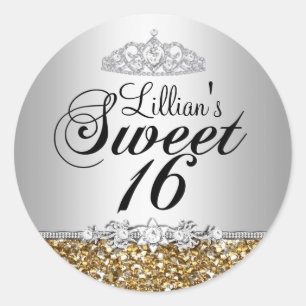 Gold Glitter & Diamond Tiara Sweet 16 Sticker