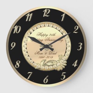 Gold Glitter Diamonds 25th Wedding Anniversary Large Clock