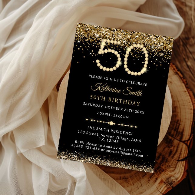 Gold Glitter Diamonds 50th Birthday Invitation (Gold Glitter Diamonds 50th Birthday Party Invitation)