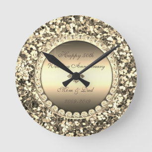 Gold Glitter Diamonds 50th Wedding Anniversary Round Clock