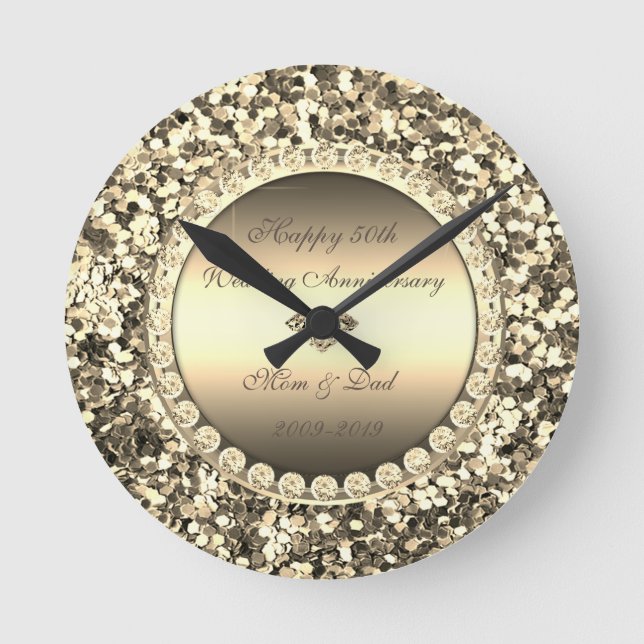 Gold Glitter Diamonds  50th Wedding Anniversary Round Clock (Front)