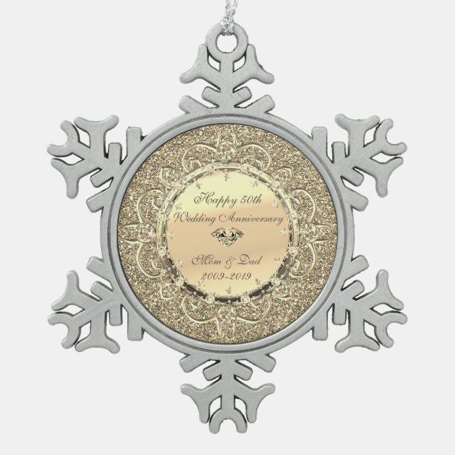 Gold Glitter Diamonds 50th Wedding Anniversary Snowflake Pewter Christmas Ornament (Front)