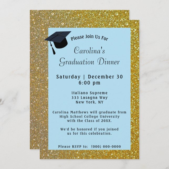 Gold Glitter Dinner Light Blue Graduation Invitation (Front/Back)