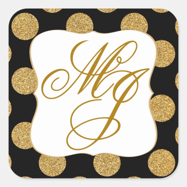 Gold Glitter Dots Black Monogram Labe Square Sticker (Front)