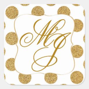 Gold Glitter Dots White Monogram Labe Square Sticker