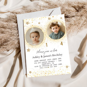 Gold Glitter Double Birthday Kids Photo Invitation